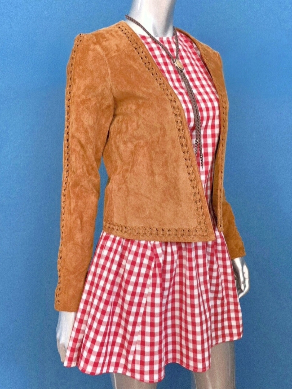 🆕️🤠🐎MANGO Genuine Leather Trena Suede Jacket Collarless w/ Suede Braiding NWT - Picture 6 of 16